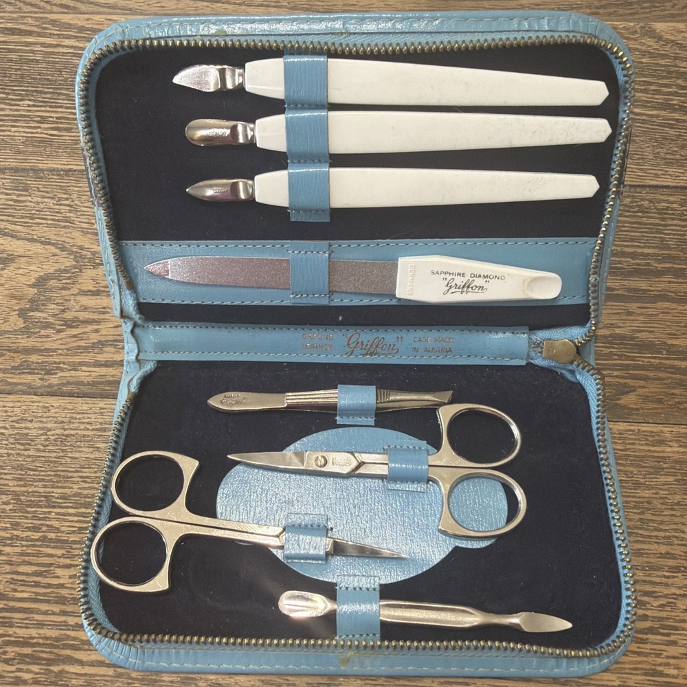 VTG Griffon Manicure Nail Set 8 Pieces Made In Austria Blue Leather Case